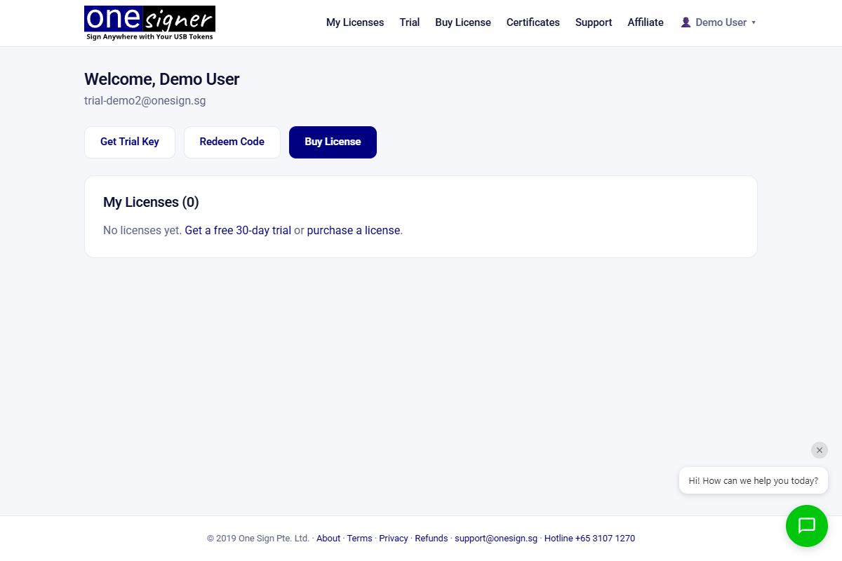 OneSigner portal dashboard with Get Trial Key button