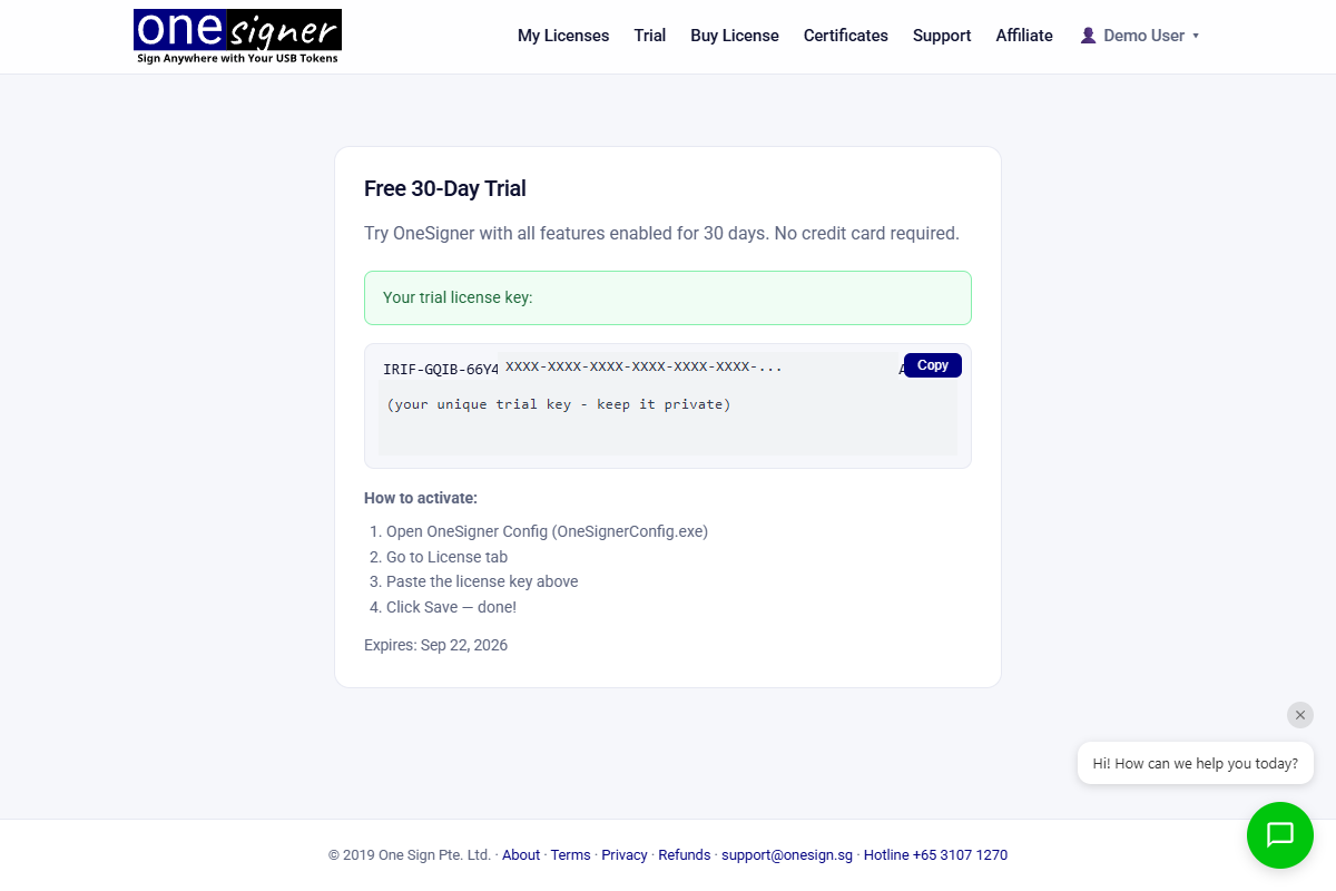Portal page showing the generated trial license key with a Copy button