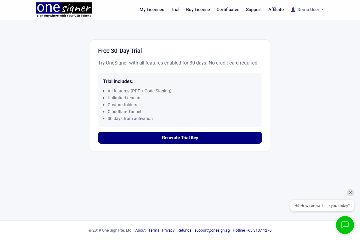 Portal Free 30-Day Trial page with Generate Trial Key button