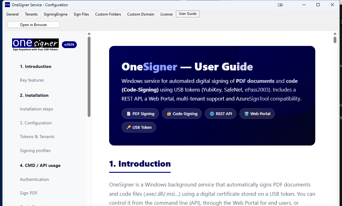 Built-in User Guide tab with Open in Browser button