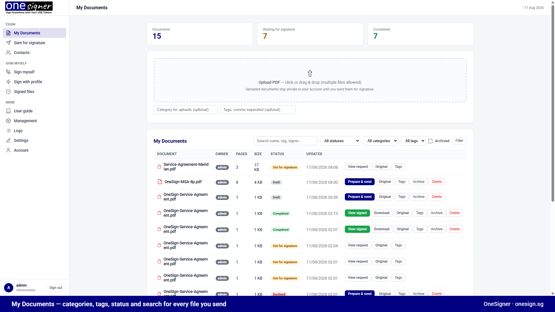 My Documents — drag-and-drop upload, categories, tags, statuses