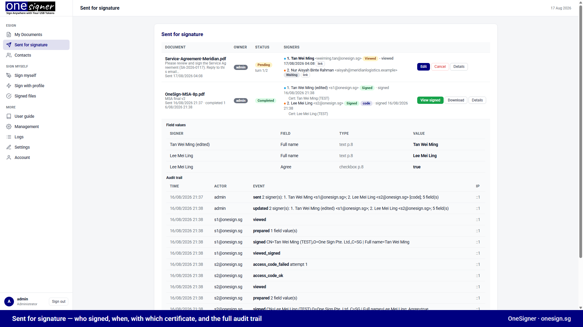 Sent for signature — per-signer status, field values, certificates used and the full audit trail