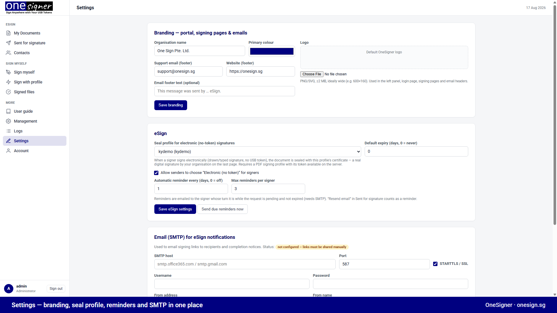 eSign settings: seal profile, expiry and electronic signing switches