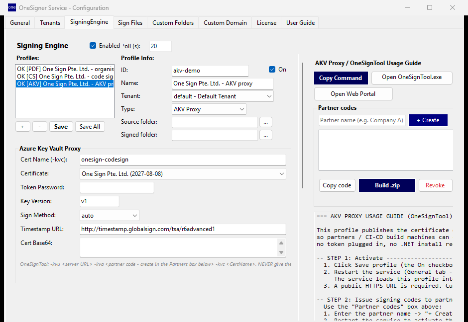 AKV Proxy profile — certificate name (-kvc), certificate, sign method, timestamp URL, and partner signing codes