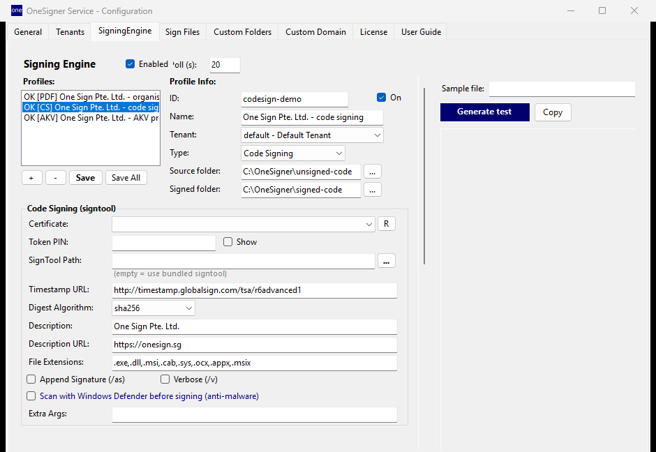 Code signing profile — certificate, PIN, timestamp URL, digest algorithm, description and file extensions