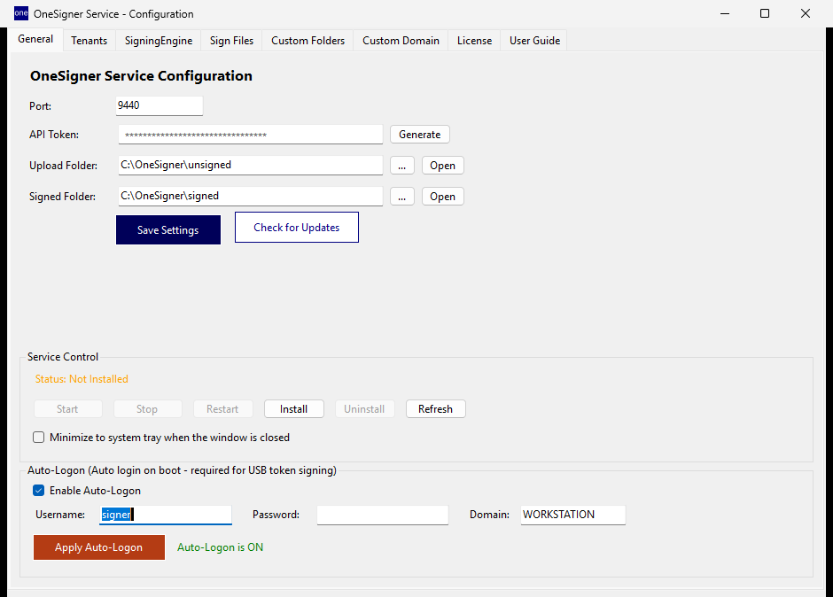 OneSigner GUI main window with certificates and service status
