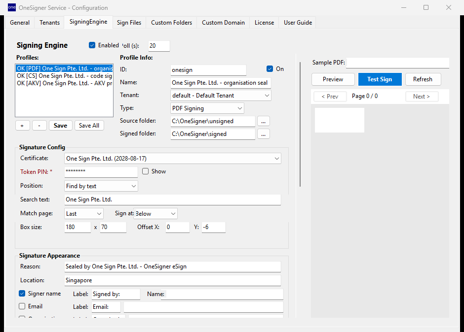 PDF signing profile bound to a certificate and tenant
