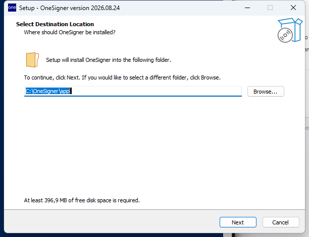 OneSigner setup wizard — Select Destination Location page, default C:\OneSigner\app