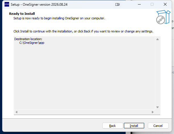 OneSigner setup wizard — Ready to Install page
