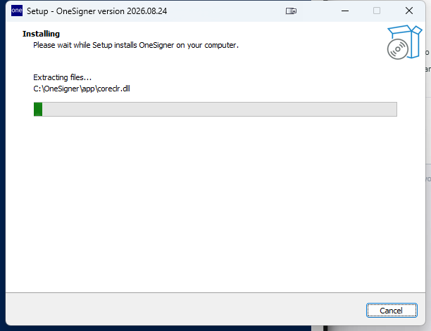 OneSigner setup wizard — extracting files progress