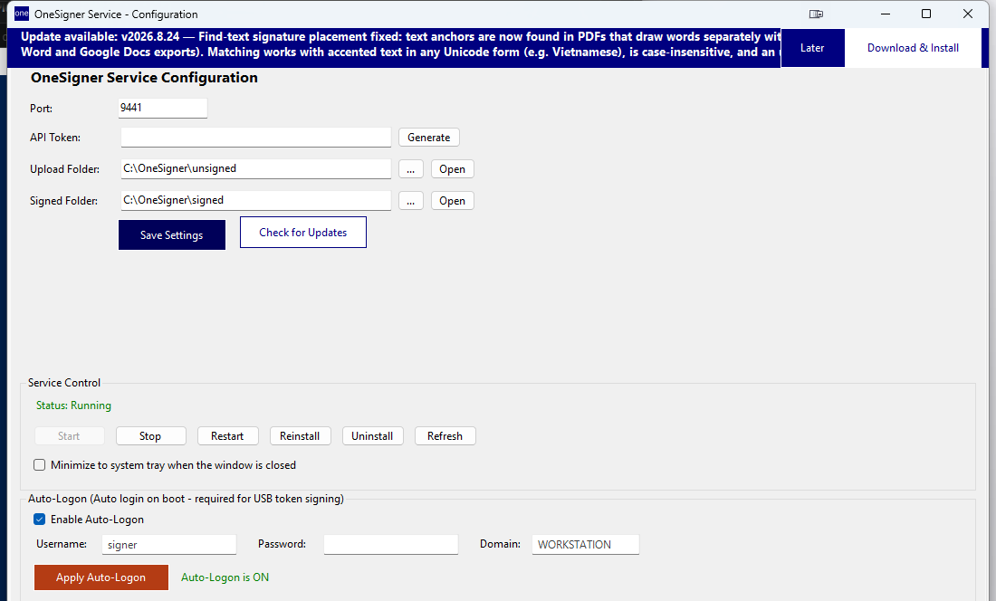 OneSigner Configuration — General tab right after installation, service running