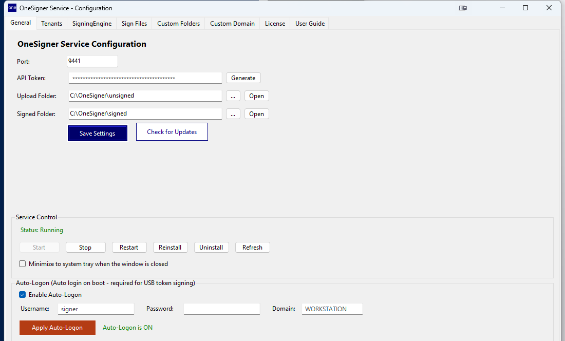 OneSigner Configuration — General tab with API token generated and saved