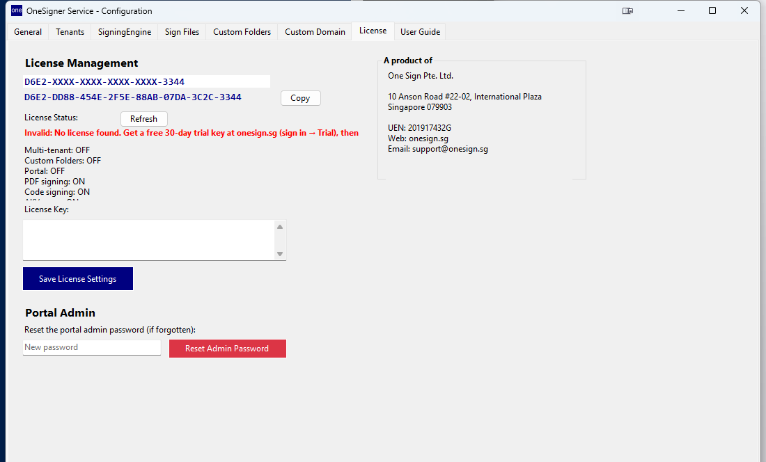 OneSigner Configuration — License tab with Hardware ID, license status and capability flags