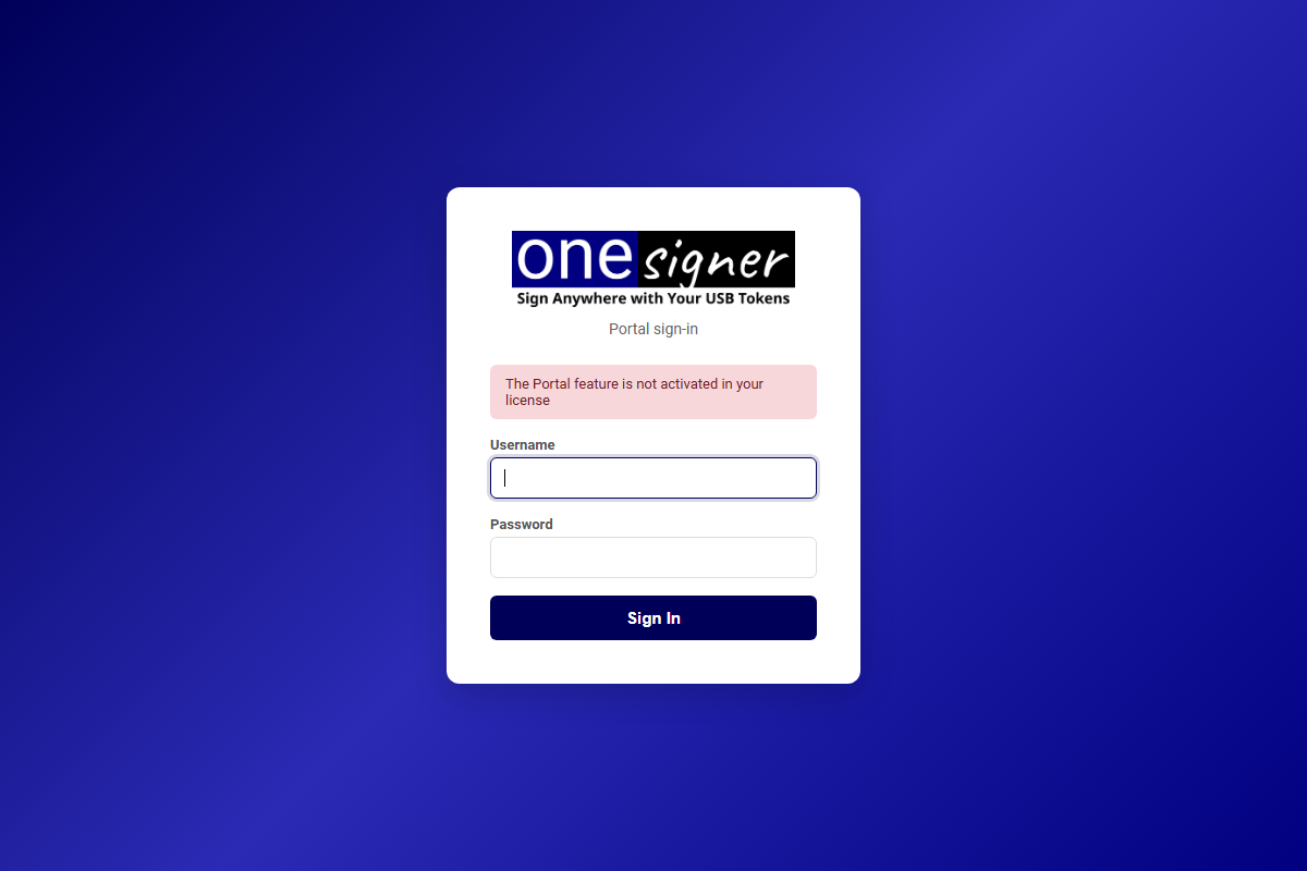 OneSigner web portal sign-in page served by the freshly installed service
