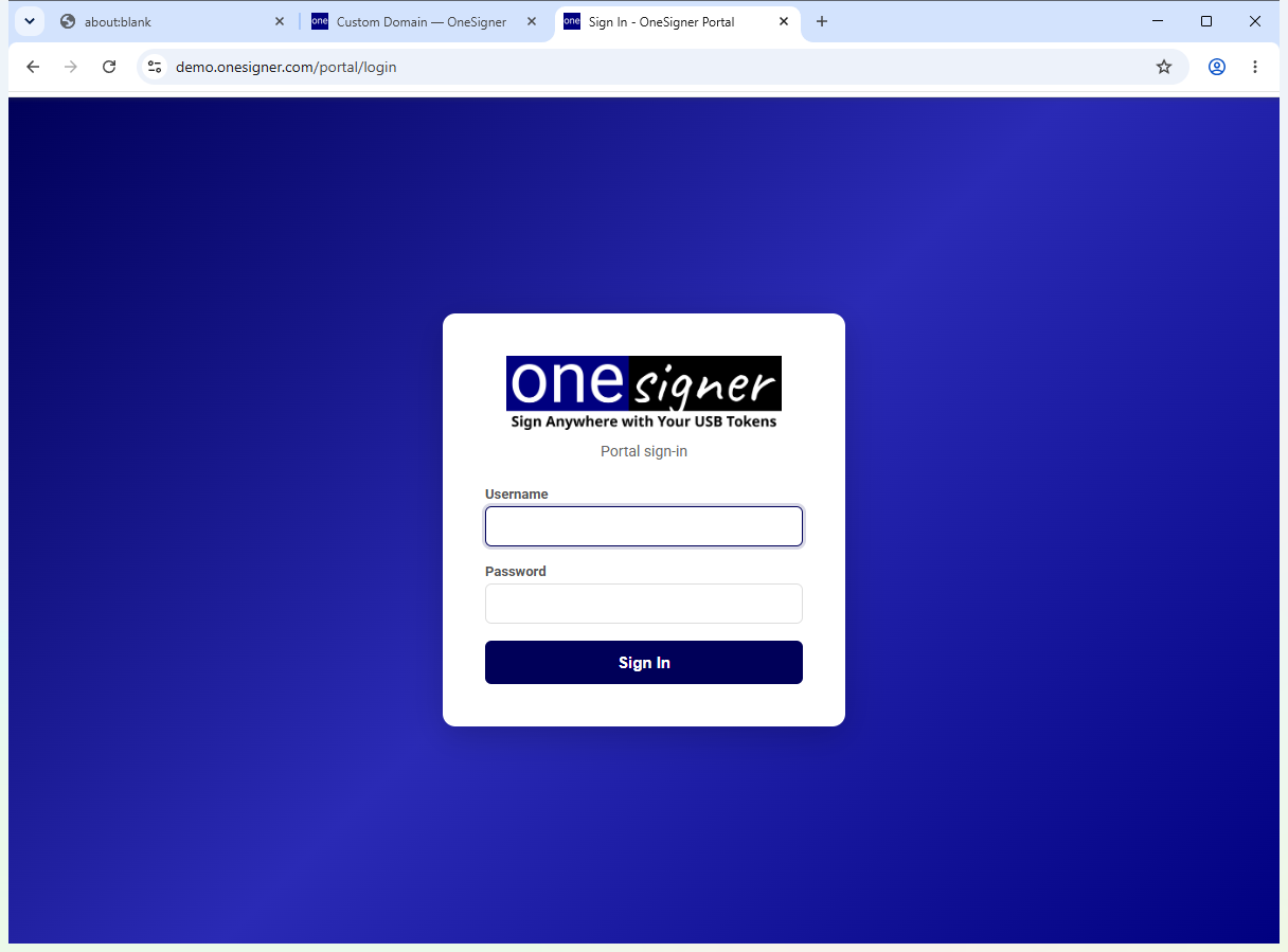 Browser showing demo.onesigner.com/portal/login served through the managed tunnel with a valid TLS certificate